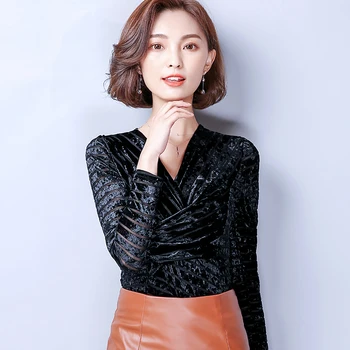 Artı Boyutu 5XL Kadınlar Sonbahar Kadınlar Kore İnce V boyun Gömlek Kadife Şık Gömlek Bayan Bluz İnce Bluz Pileli Bluz-