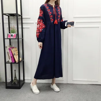 Artı Boyutu Gevşek Bohemya Nakış 2018 Yeni Etnik Bağbozumu Kadın Elbiseler Kollu Çiçek Çizgi Pamuklu Elbise İşlemeli Fener