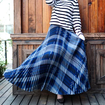 Avrupa Amerikan Stili Sonbahar Kış Vintage Kadınlar uzun Pileli Etek Bayram Bayan Moda Yüksek Bel Baskı Uzun Uzun Sıcak