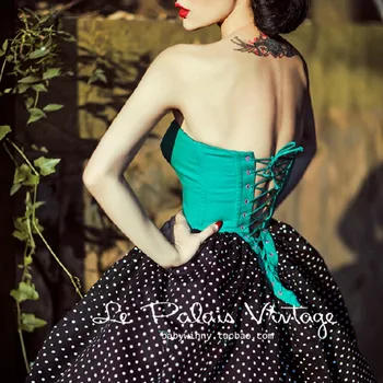 Avrupa ve Amerika Sarayı Tatlı Lolita Vintage Bayan puantiyeli Zümrüt Renk Blok Bandaj Yüksek Bel Elbise Tüp Üst Seksi Elbise