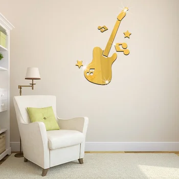 Ayna Çıkarılabilir Gitar w/ Müzik Sembolleri Çıkartma Sanat Duvar Duvar ayna Sticker Dekor
