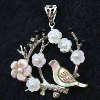B1151 kuş beyaz anne 44x47mm çiçek kabuk kolye Gümüş abalone Doğal üst kalitede renkli purfle takı