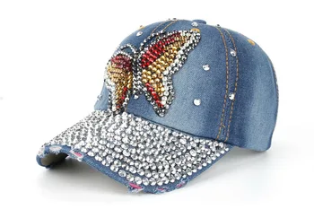 B220 Güneşlik Lady Tam Taslar İçin Joymay Yeni Moda Tasarımı Bling Hat&Cap Renkli Kelebek Denim Jean Beyzbol Şapkası