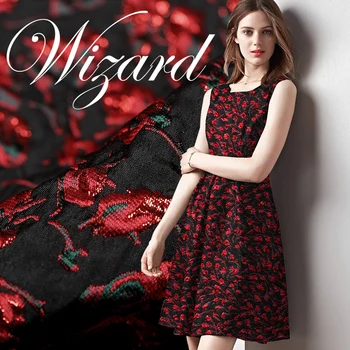 Bahar için 140CM Kırmızı ve Siyah Jcquard Brokar Kumaş ve Sonbahar Elbise Ceket Elbise E004