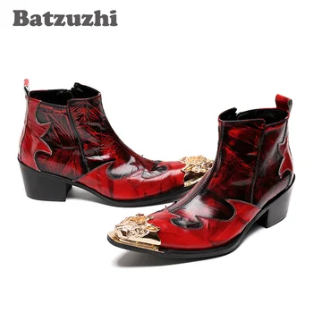 Batzuzhi 6 CM İtalyan Tarzı Yükseklik Kaya ayakkabı Şarap Kırmızı Altın Metal Ayak Erkek Kısa Bot Gece kulübünde Sahneye Ayakkabı Erkek Sivri