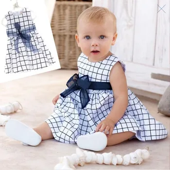 Bebek Bebek Kız Çocuk Pamuk Kıyafet Elbise Bow-düğüm Ekose Elbise 0-3 Yıl Üst