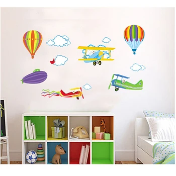 Bebek Odası İçin 2 adet Karikatür Duvar Çıkartmaları Uçak, Sıcak Hava Balonları Çıkarılabilir Vinil Kreş, Çocuk Odası Duvar Çıkartmaları Dekorasyonu