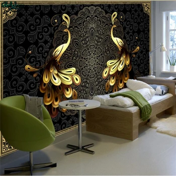 Beibehang Büyük özel oturma odası arka plan duvar dekorasyonu lüks Avrupa siyah altın peacock TV kanepe duvar kağıtları