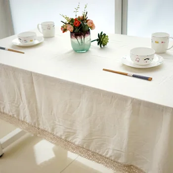 Bej keten pamuk masa örtüsü dikdörtgen dantel kenar toalha de mesa toz geçirmez masa örtüsü ev düğün masa örtüleri