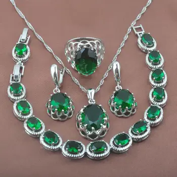 Benzersiz Tasarım Yeşil Zirkon 925 Gümüş Kadın Takı Setleri Kolye Küpe Yüzük Bilezik YZ0162