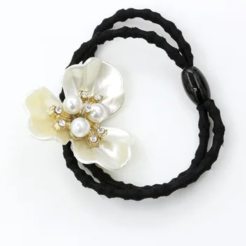 Beyaz Kamelya Çiçek Kristal İnci Tek Ve Çift Siyah Düğümleri Taklit Kauçuk Elastik Saç Bantları, Saç Bantları Takı
