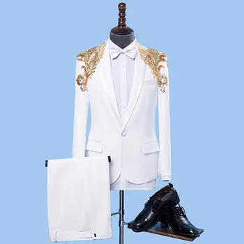 Beyaz Nakış Simli yanıp sönen pantolon Elbise erkek takım elbise Formale Partisine ev sahipliği hazırlıyor Şarkıcı dansçı DS gösteri Kostümleri Blazers