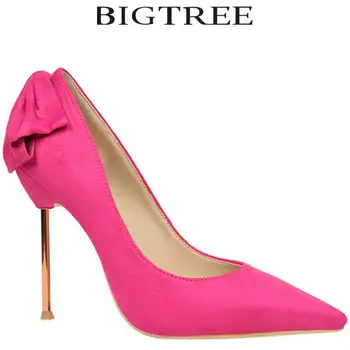 Bigtree Kadın Seksi Yüksek Topuk Altın Metal Topuk ayakkabılar Sivri 10CM Büyük Yay Düğün Ayakkabı Ofis Bayan Kırmızı Ayakkabı Kadın Pompaları