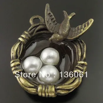 Bilezik Kolye Moda Takı Yapımı Boncuk Marka İçin Vintage Bronz Kuş Yuvası Olivet Yumurta Charms Kolye 10 ADET Z1321 DİY