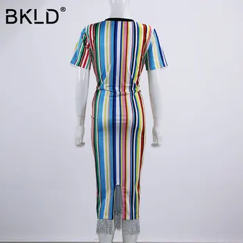 BKLD 2018 Yeni Yaz Kadın Bandaj Elbise Moda Kısa Kollu Püskül Rahat Parti Sıkı Gökkuşağı Baskılı Çizgili Elbise Clubwear