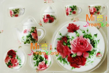 Bloom için Mini Mini dollhouse mobilya aksesuarları 8 porselen çay seti rose