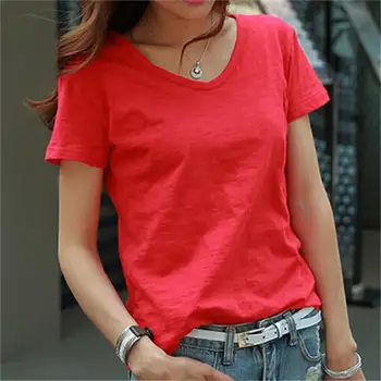 Büyük kırmızı bambu pamuk rahat gevşek beyaz V yaka T yaz kısa kollu Kore versiyonu düz renk gömlek T-shirt tops beraber