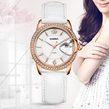 CASİMA gift2631 için taslar ile takvim kadın saatler su geçirmez eleglant deri kordonlu saat paslanmaz çelik moda