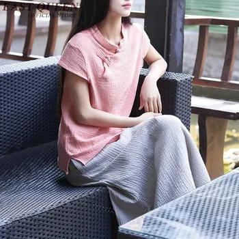 Cheongsam üst keten gömlek kadın kısa kollu mandarin yaka zarif beyaz keten ücretsiz boyut AA2508 UYGULAMA, bluz bluz