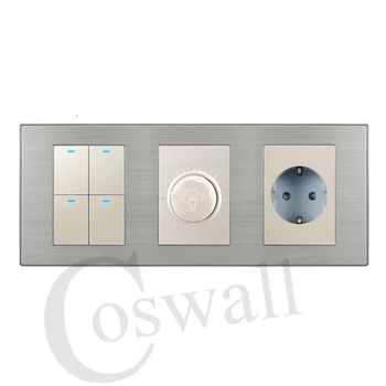 Coswall 4 Çete 2 yollu Düğme LED Işık Anahtarı + 236 16A AB Standart Duvar Soket Paslanmaz Çelik arka Panel*Dimmer