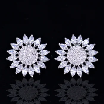 CWWZircons Moda Stud Güzel Çiçek Küpe Kulak Piercing Mücevher Beyaz Altın Rengi Yeşil Kübik Zirkon Taşlar CZ150 Bayanlar