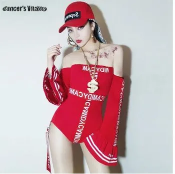 Dj Tulum Şarkıcı Kırmızı Hip-hop Dans Yakalı Elbise Gece Atmosferi Seksi Kostümler, sahne donanımları Seksi giysiler ve Şapka Siyam