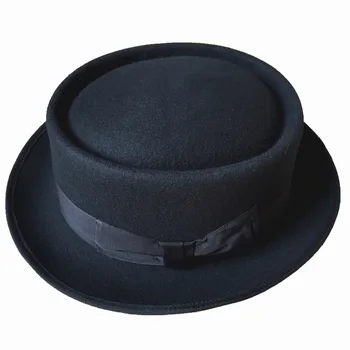Domuz Turtası Porkpie Şapka Moda Yün Fötr Şapka Siyah Keçe