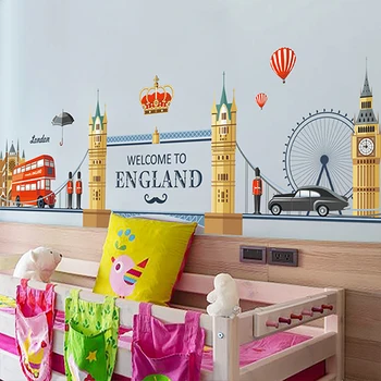 Doğum günü Tatil Oda Dekore Karikatür duvar Kağıdı Çocuk Odası İçin Londra, Şehir manzaralı şirin PVC Duvar arka Plan Etiketleri