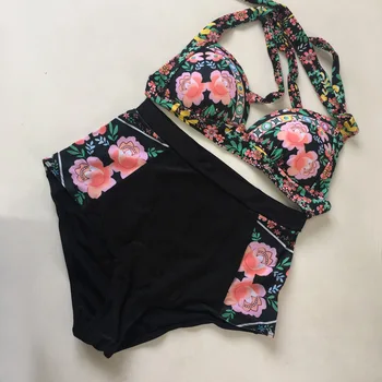 DZRZVD Çiçek Baskılı Yüksek Bel Bikini Seksi Kadın Mayo Mayo Bikini Set Beach Artı Boyutu Çiçek şınav Mayo