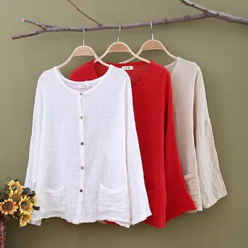 Düz Kırmızı Beyaz Pamuk Kadın Bluz Uzun kollu Yaz Nedensel bol Gömlek Artı boyutu Gömlek Çin tarzı Şirin Bluz C006 Üstleri