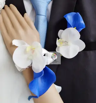 Düğün alışverişi Damat yaka çiçeği Gelin Buketi El Bilek Çiçek Mavi PU Calla Lily Beyaz Yapay Çiçek Nedime Korsajı