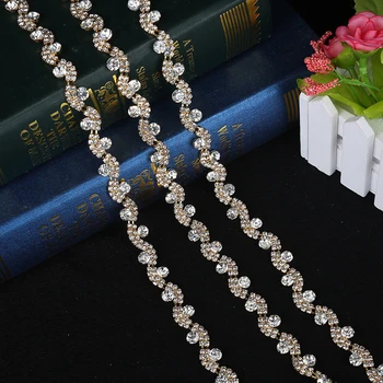Düğün için 1 Yard 51 İnç Dalgalar Kristal Elmas Taklidi Aplike Süsler Altın/ Gümüş Elbise Dikmek