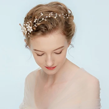 Düğün İçin 1 adet/lot Kristal Zarif Peri Gelin Başı Parça Mücevher İnci Saç Bandı Aksesuarları Asma Altın Varak Beyaz Çiçekler