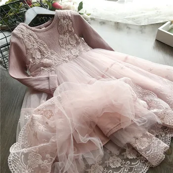 Düğün İçin Yeni Kız Prenses Tutu Elbise Dantel Çiçek Katmanlı Tül Elbise Uzun Kollu Parti Elbiseler Çocuk Kız