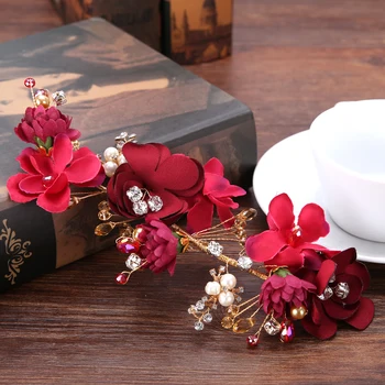 Düğün tiara Başlık Saç Aksesuarları İçin yeni el Yapımı Kırmızı Kristal İnci Çiçek saç Bandı Saç Takı Aksesuar FD553 Gelin