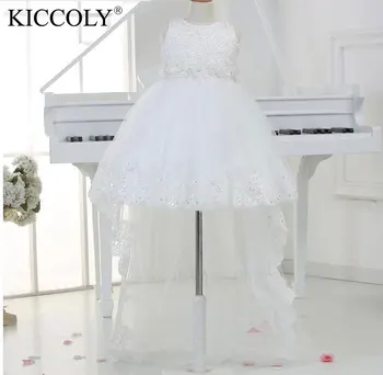 Düğünler Kız Çocuk İçin Beyaz Prenses Çocuk Çiçek Kız Elbise Uzun Tren İle Bebek İçin Parti Glitz Pageant Elbise Dantel
