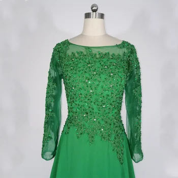 E JUE SHUNG Yeşil Şifon Uzun Kollu Akşam Uzun Dantel Aplike Boncuklu Gelinin Resmi Elbiseler Anne Elbise Elbise