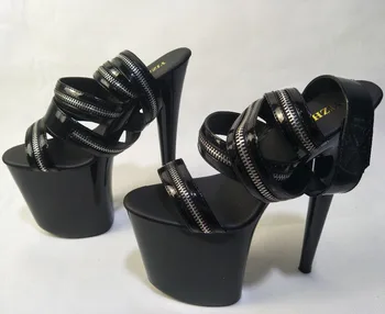 El 8 inç seksi Yüksek Topuk Ayakkabı kalın taban ayakkabı 20cm star metal fermuar ayak bileği peep toe kadın sandalet siyah clubbing Yaptı