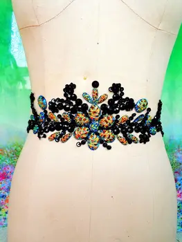 El Taslar üzerinde dazlling siyah dikmek yapılan üst elbise etek kemer için 30*9cm kristalleri yamalar aplike