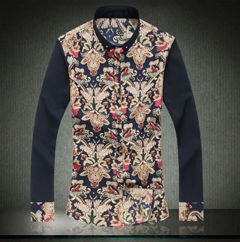 Erkek Gömlek Uzun Kollu 2017 Yeni Moda Sonbahar Erkek Sosyal Shirt Lüks Marka Gömlek Yamalı Çiçek Artı Boyutu Mens M-5XL 6XL