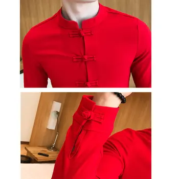 Erkekler için Mandarin Yaka Gömlek Camisa Boğaz Mandarim Geleneksel Çin Yaka Gömlek Uzun Kollu Gömlek Regular Fit Çinli Erkekler