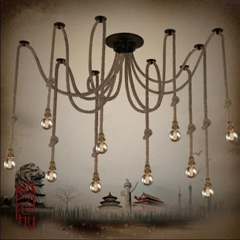 Ev için kenevir İp Avize Antika Klasik Ayarlanabilir Diy Tavan Örümcek Lamba Işık Eski Edison Ampul Bilgiç Lamba