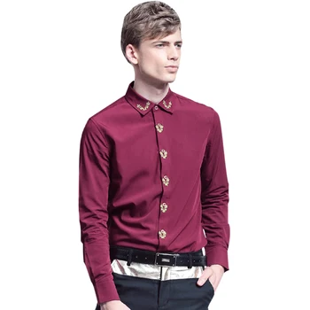FANZHUAN Özellikli Markalar Giyim Resmi Gömlek Erkek Klasik Uzun Kollu Kırmızı Şarap Rengi Nakış Yaka Slim Fit Gömlek