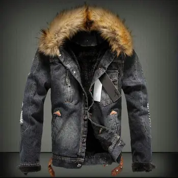 Faux Kürk Yaka Erkek chaquetas dış giyim Sıcak kış Erkek Jean Rüzgarlık Ceket Erkek Kot Polar Ceket Yırtık 101609 hombre