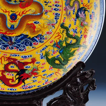 Fengshui Sanat Seramik Süs Tabağı Antik Çin Dokuz Ejderha Ahşap Taban Porselen Geleneksel Çin Tabak Dekor