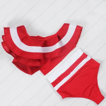 Floylyn Fırfır Bikini Kadın 2017 Tek Omuz Mayo Seksi Yüksek Bel Örgü Mayo Mayo Yüzmek Takım Elbise Giymek Plaj Çizgili Set