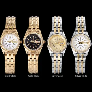FORSİNİNG Lüks Marka Bayanlar Gümüş Altın Çelik Bant Kuvars Waeches Gold Case Parlak Nokta Ekranı Saat Kol İzle