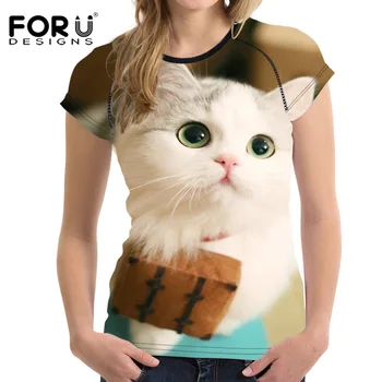 FORUDESİGNS Beyaz 3D Kedi Kadın Yaz t-shirt Casual Kısa Kollu Kadın Kırpma O Boyun Elastik Bayanlar T-shirt Tee Üst Giyim Üstleri