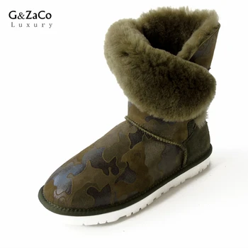 G&ZaCo Lüks Kış Koyun Derisi Kar Botları Yeşil Kamuflaj Doğal Yün Düz Orta Buzağı Kar Botları Kadın Sıcak Ayakkabı