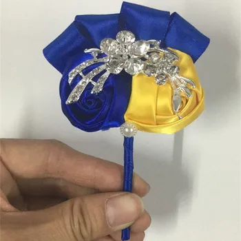 Gelin Düğün Damat yaka çiçeği koyu Mavi Sarı Saten Çiçekler Korsaj XH0688 Balo Kristal Broş Çiçek de novia için 6 Gül
